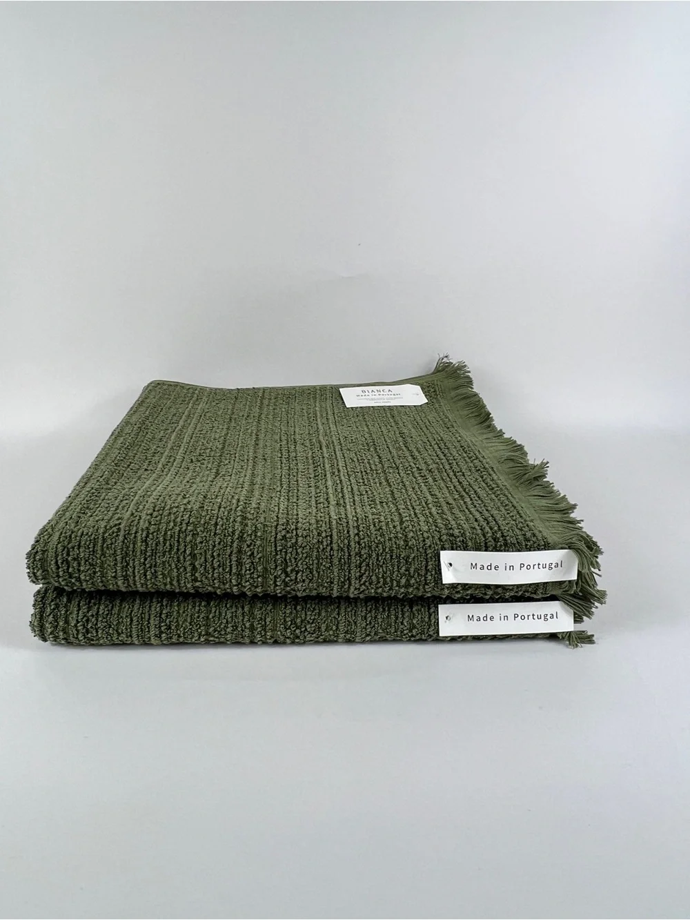 Bianca 2 Pc Bath Towel Set With Fringe 100% Cotton Olive Green Textured NEW